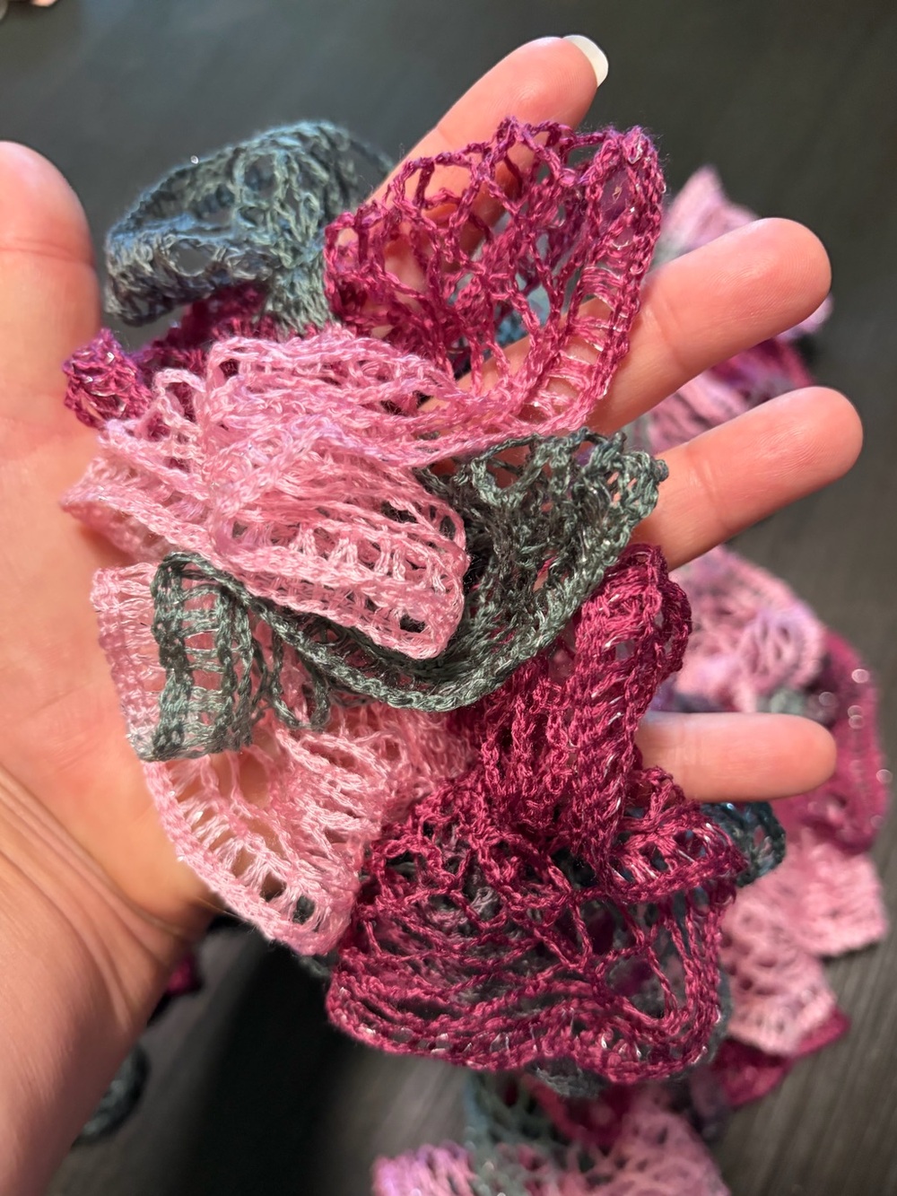 Crochet pink and gray scarf with Shimmer - Picture 5 of 5